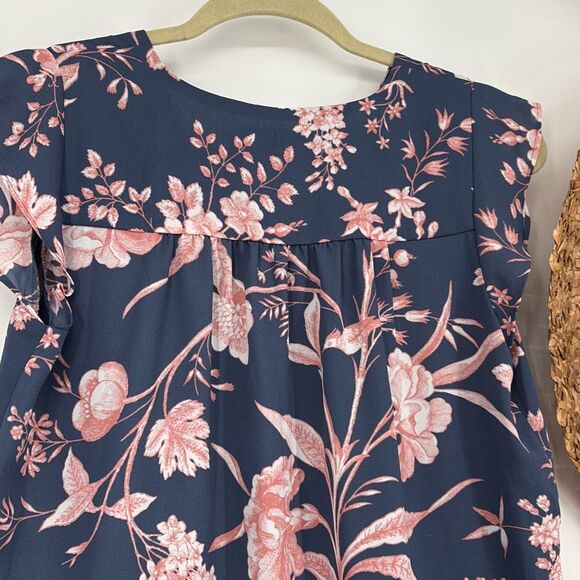 Ann Taylor Loft Cap Sleeve Floral Bird Blouse Flutter Sleeve Blue Pink XS - Picture 9 of 12